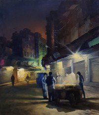 Zulfiqar Ali Zulfi, Moon Light Street, 36 x 30 Inch, Oil on Canvas, Cityscape Painting-AC-ZUZ-056